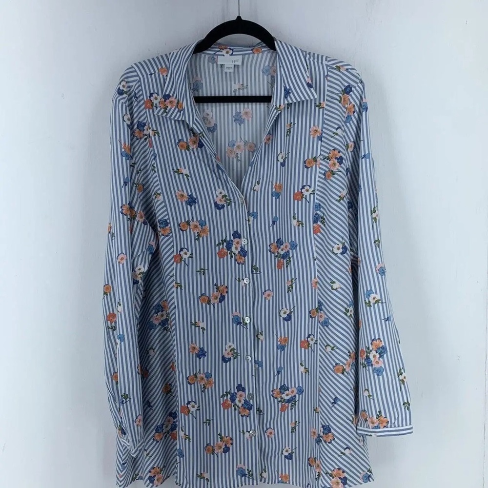 J. Jill Blue and White Floral Striped Blouse
